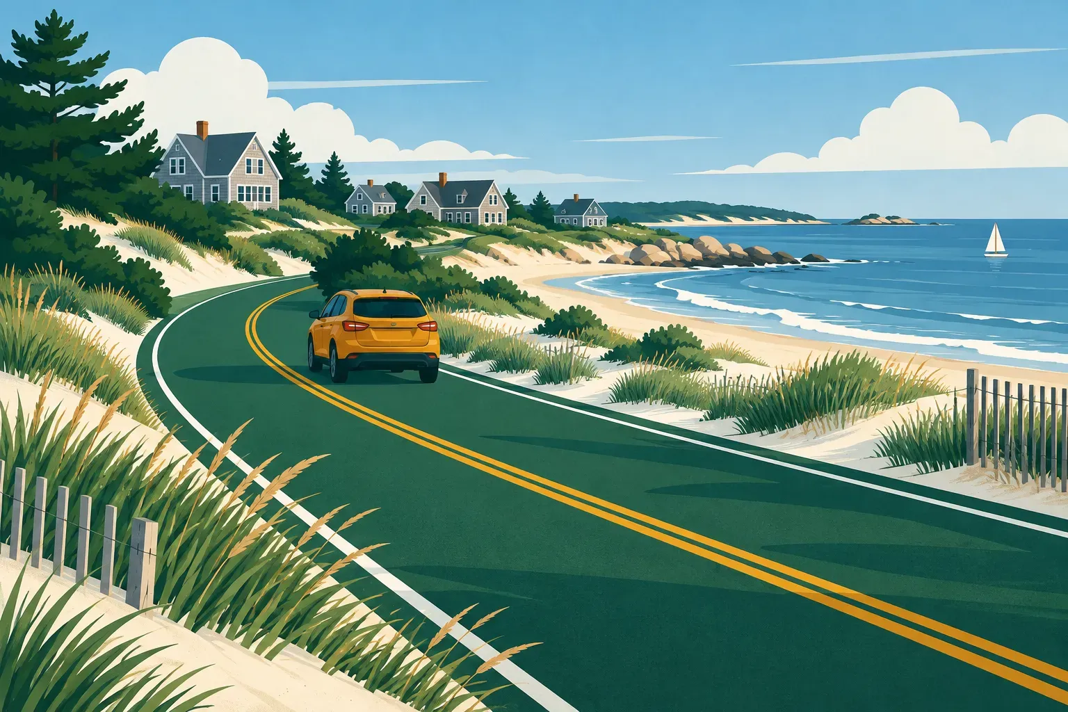 A coastal road with dunes and a seaside village, a typical landscape of Massachusetts
