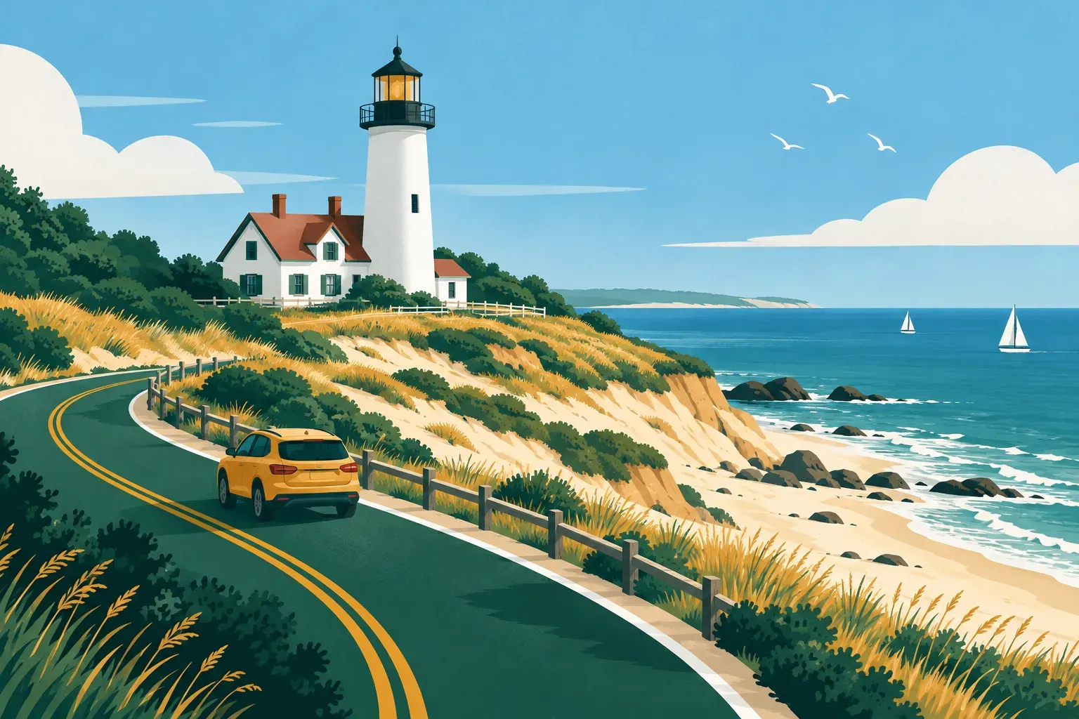 A Cape Cod lighthouse on sandy bluffs above the ocean, in Massachusetts