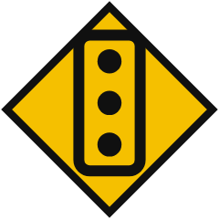 A yellow diamond showing a traffic signal with three stacked lights